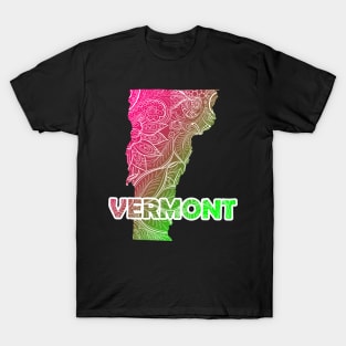 Colorful mandala art map of Vermont with text in pink and green T-Shirt